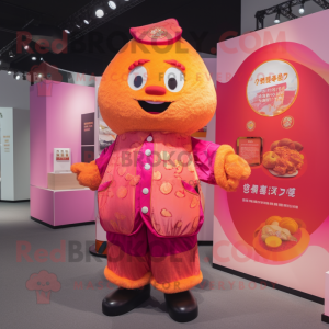 Pink Mandarin mascot costume character dressed with a Vest and Coin purses