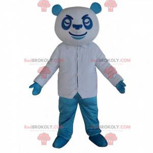 Mascota panda azul y blanco, colorido disfraz de oso de peluche