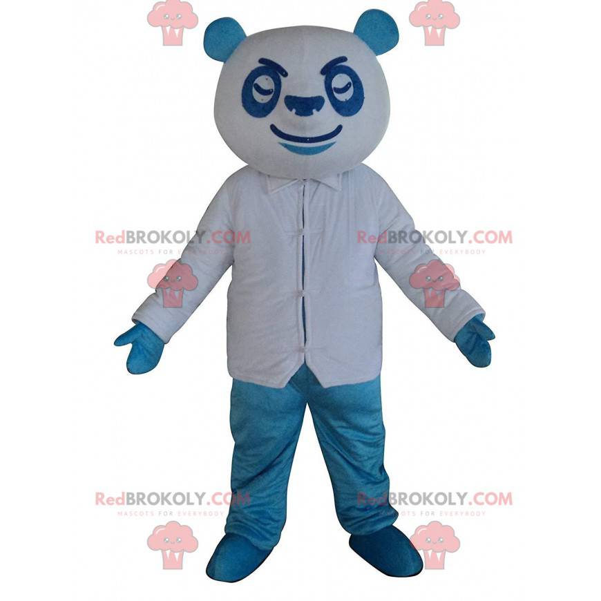 Mascote panda azul e branco, fantasia colorida de urso de