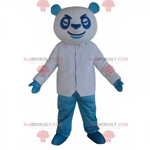 Mascote panda azul e branco, fantasia colorida de urso de