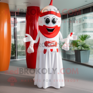 White Bottle Of Ketchup mascot costume character dressed with a Midi Dress and Headbands