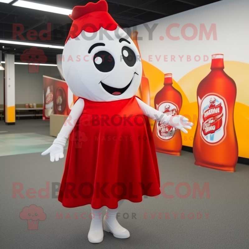 White Bottle Of Ketchup mascot costume character dressed with a Midi Dress and Headbands White Bottle Of Ketchup mascot costume character dressed with a Midi Dress and Headbands