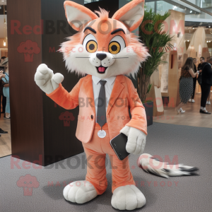 Peach Lynx mascot costume character dressed with a Suit and Clutch bags