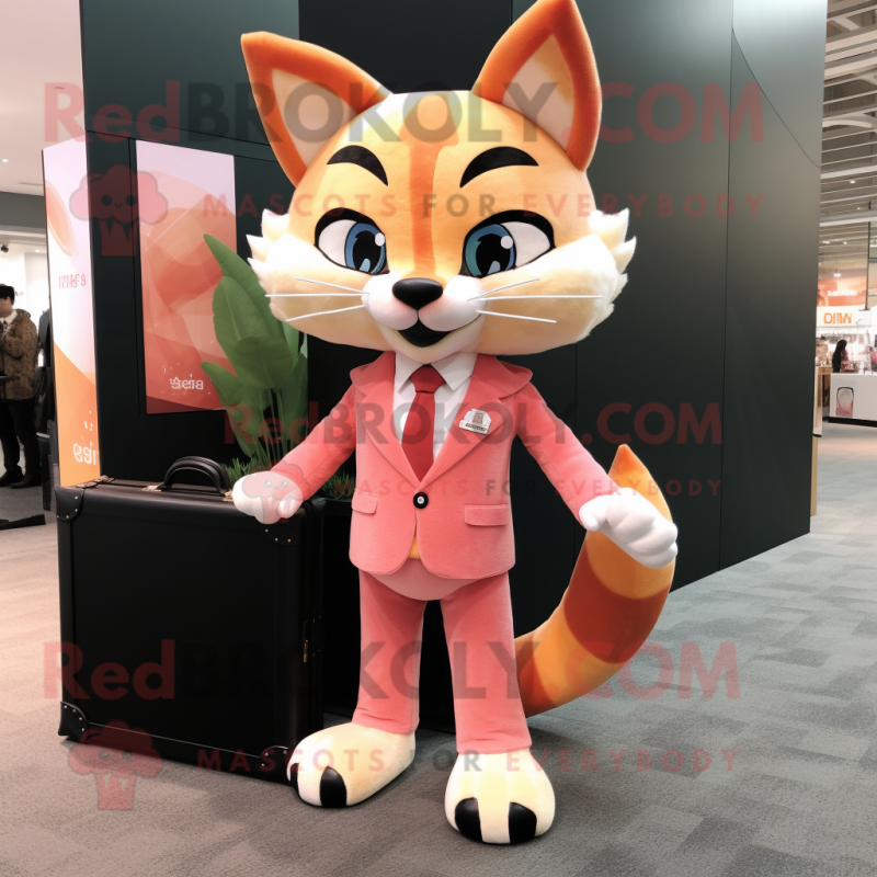 Peach Lynx mascot costume character dressed with a Suit and Clutch bags