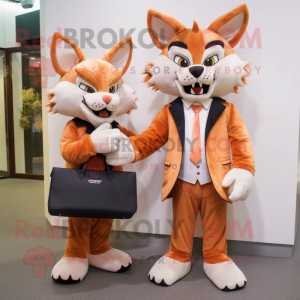 Peach Lynx mascot costume character dressed with a Suit and Clutch bags