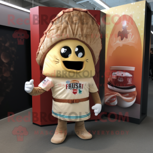 Beige Tacos mascot costume character dressed with a Rugby Shirt and Messenger bags