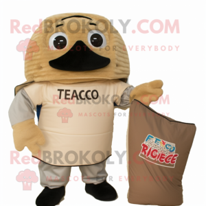 Beige Tacos mascot costume character dressed with a Rugby Shirt and Messenger bags