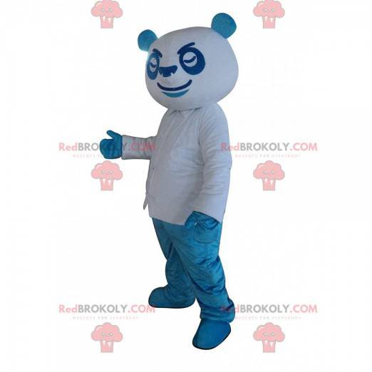 Blå och vit pandamaskot, färgglad nallebjörndräkt -