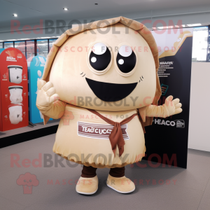Beige Tacos mascot costume character dressed with a Rugby Shirt and Messenger bags