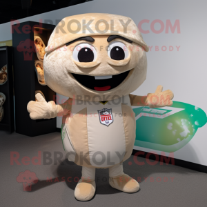 Beige Tacos mascot costume character dressed with a Rugby Shirt and Messenger bags
