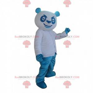 Mascote panda azul e branco, fantasia colorida de urso de