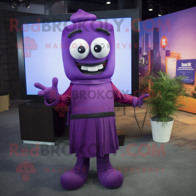 Purple Television mascot costume character dressed with a Maxi Dress and Ties Purple Television mascot costume character dressed with a Maxi Dress and Ties