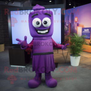 Purple Television mascot costume character dressed with a Maxi Dress and Ties