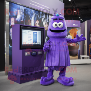 Purple Television mascot costume character dressed with a Maxi Dress and Ties