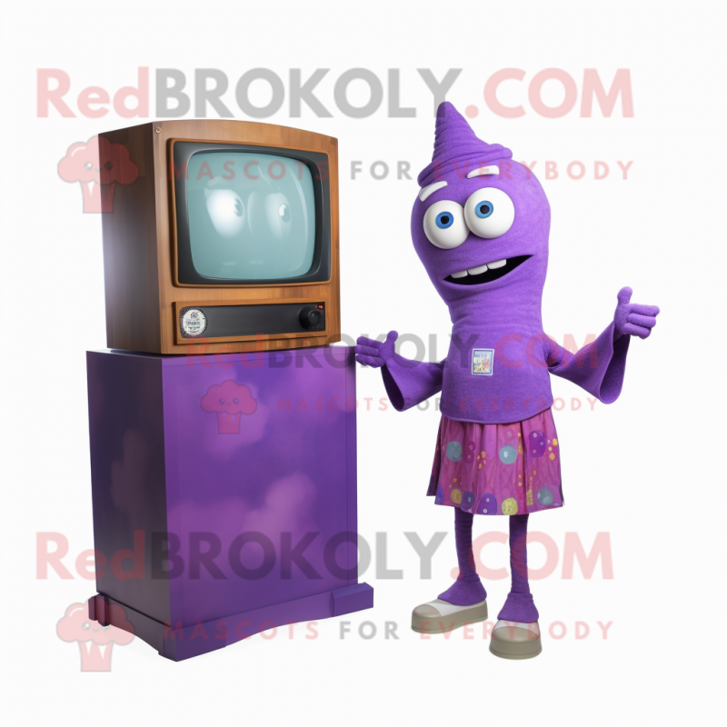 Purple Television mascot costume character dressed with a Maxi Dress and Ties