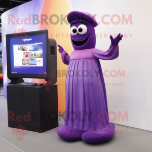 Purple Television mascot costume character dressed with a Maxi Dress and Ties