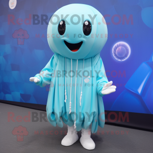 Cyan Jellyfish mascot costume character dressed with a Sweatshirt and Keychains