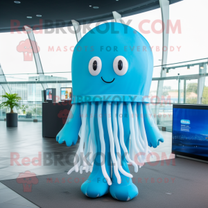 Cyan Jellyfish mascot costume character dressed with a Sweatshirt and Keychains