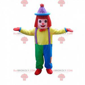 Mascote palhaço multicolorido, fantasia de acrobata de circo -