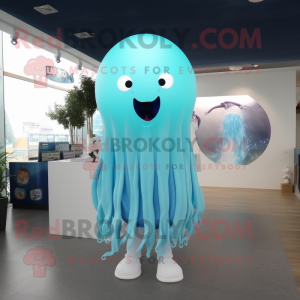 Cyan Jellyfish mascot costume character dressed with a Sweatshirt and Keychains
