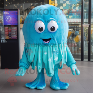 Cyan Jellyfish mascot costume character dressed with a Sweatshirt and Keychains