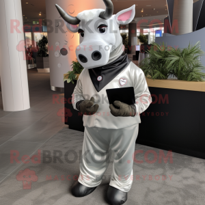 Silver Hereford Cow mascot costume character dressed with a Turtleneck and Pocket squares