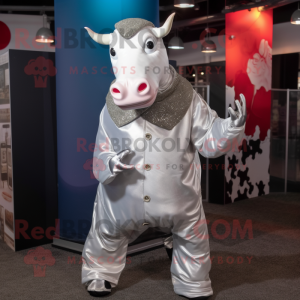 Silver Hereford Cow mascot costume character dressed with a Turtleneck and Pocket squares