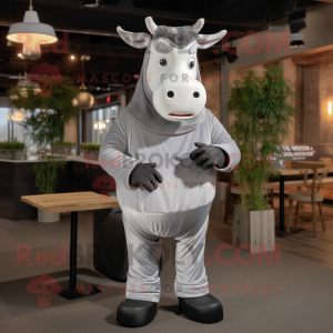 Silver Hereford Cow mascot costume character dressed with a Turtleneck and Pocket squares