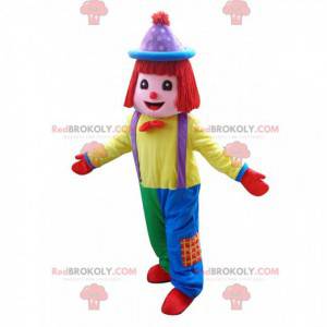 Mascotte veelkleurige clown, kostuum circusacrobaat -