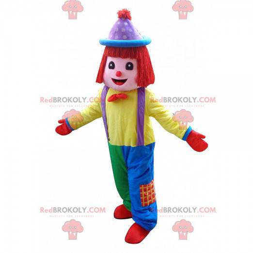 Mascotte de clown multicolore, costume de saltimbanque de