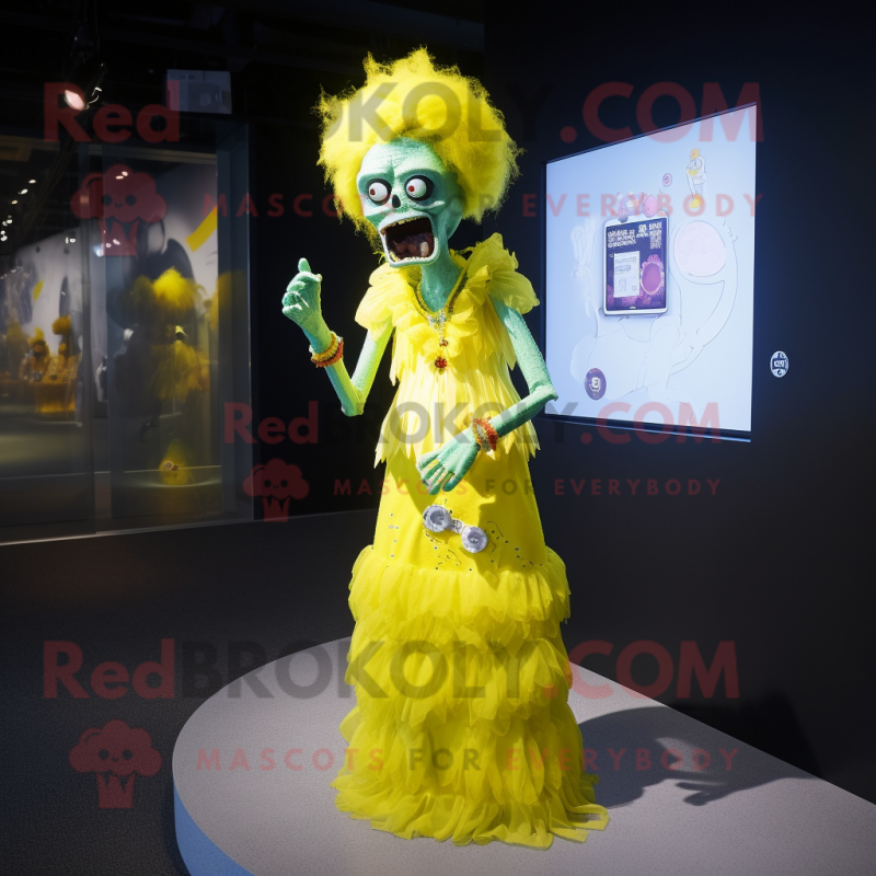 Yellow Zombie mascot costume character dressed with a Evening Gown and Smartwatches