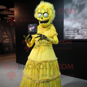 Yellow Zombie mascot costume character dressed with a Evening Gown and Smartwatches