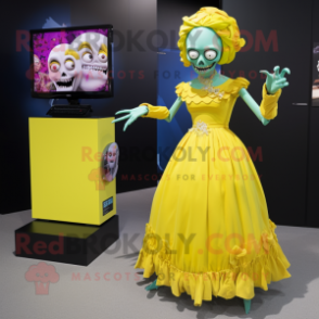 Yellow Zombie mascot costume character dressed with a Evening Gown and Smartwatches