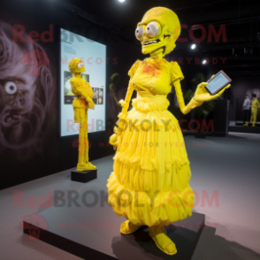 Yellow Zombie mascot costume character dressed with a Evening Gown and Smartwatches