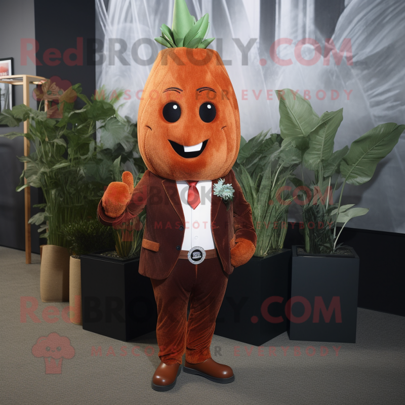 Rust Beet mascot costume character dressed with a Suit Jacket and Tie pins Rust Beet mascot costume character dressed with a Suit Jacket and Tie pins