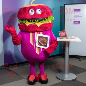 Magenta Hamburger mascot costume character dressed with a V-Neck Tee and Tie pins