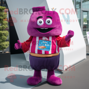 Magenta Hamburger mascot costume character dressed with a V-Neck Tee and Tie pins