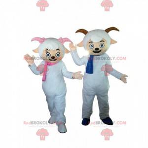 2 mascottes de moutons avec des écharpes et des petites cornes
