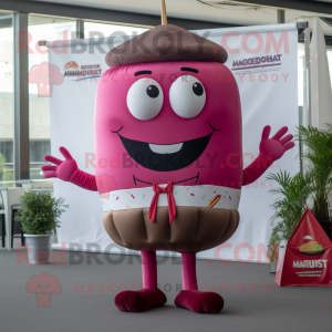 Magenta Hamburger mascot costume character dressed with a V-Neck Tee and Tie pins
