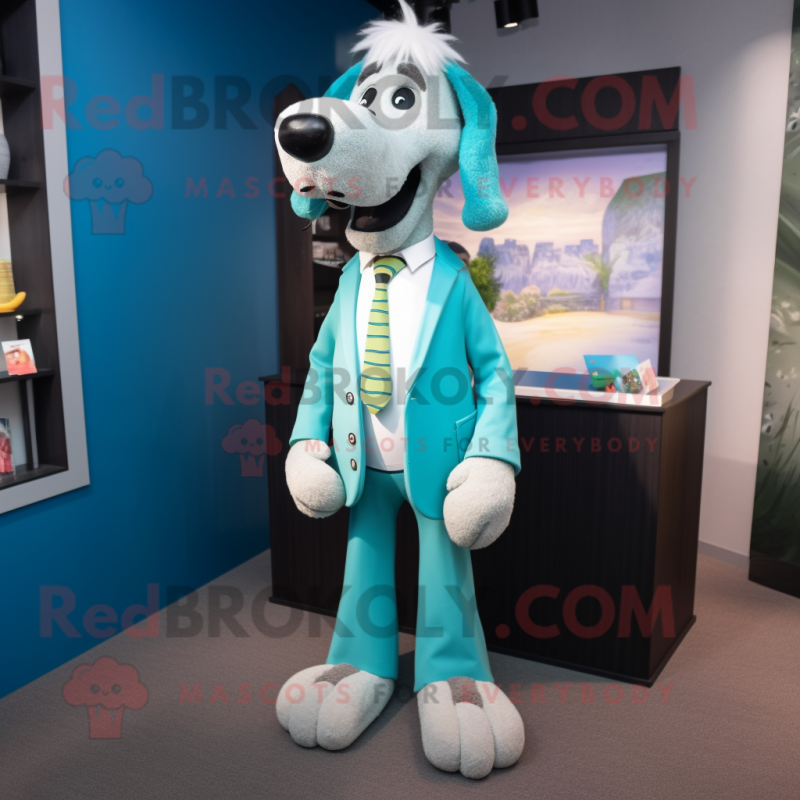 Cyan Dog mascot costume character dressed with a Blazer and Earrings