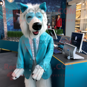 Cyan Dog mascot costume character dressed with a Blazer and Earrings