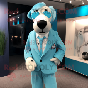 Cyan Dog mascot costume character dressed with a Blazer and Earrings