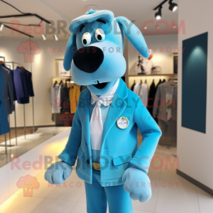 Cyan Dog mascot costume character dressed with a Blazer and Earrings