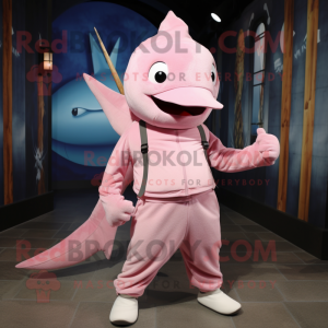 Pink Swordfish mascot costume character dressed with a Henley Shirt and Shoe laces