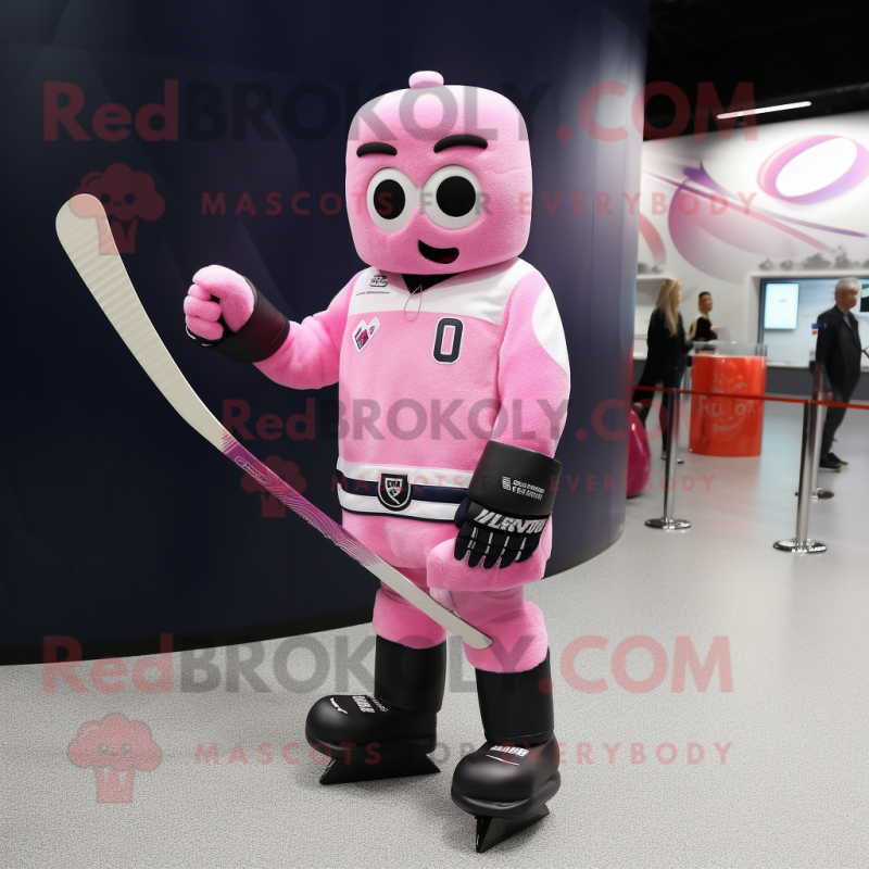 Pink Ice Hockey Stick mascot costume character dressed with a Vest and Earrings Pink Ice Hockey Stick mascot costume character dressed with a Vest and Earrings