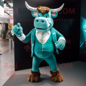 Teal Bull mascot costume character dressed with a Blazer and Suspenders