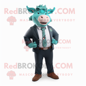 Teal Bull mascot costume character dressed with a Blazer and Suspenders