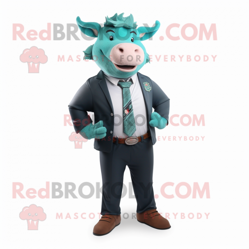 Teal Bull mascot costume character dressed with a Blazer and Suspenders Teal Bull mascot costume character dressed with a Blazer and Suspenders