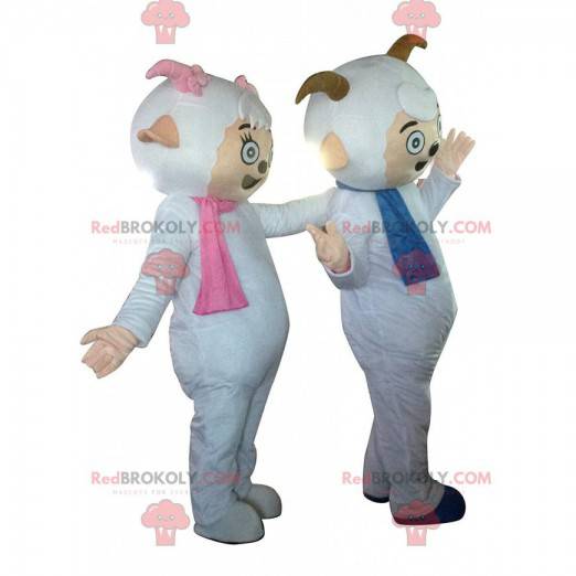 2 mascottes de moutons avec des écharpes et des petites cornes
