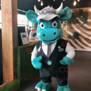 Teal Bull mascot costume character dressed with a Blazer and Suspenders